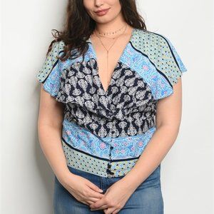 PLUS SIZE SHORT SLEEVE MULT BLUE RUFFLED LAYER TOP